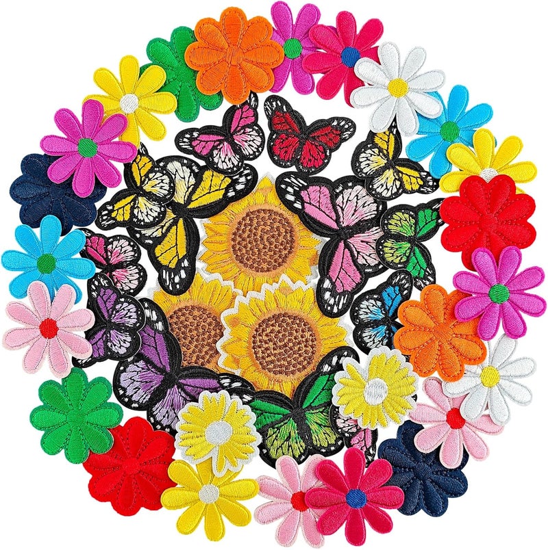 RF-patch 42 Pcs Flower Iron on Patches, Embroidered Butterfly Iron on/Sew on Patches for Clothes, Hats, Dress, Backpacks - Image 1